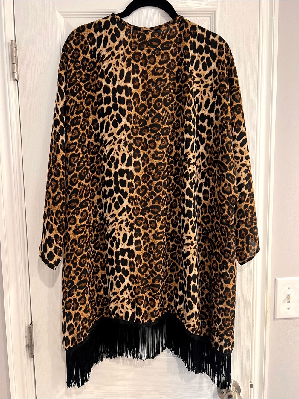 Kimono Fringe Leopard Print Open Front Cardigan Brown Black Animal XL - Picture 3 of 4